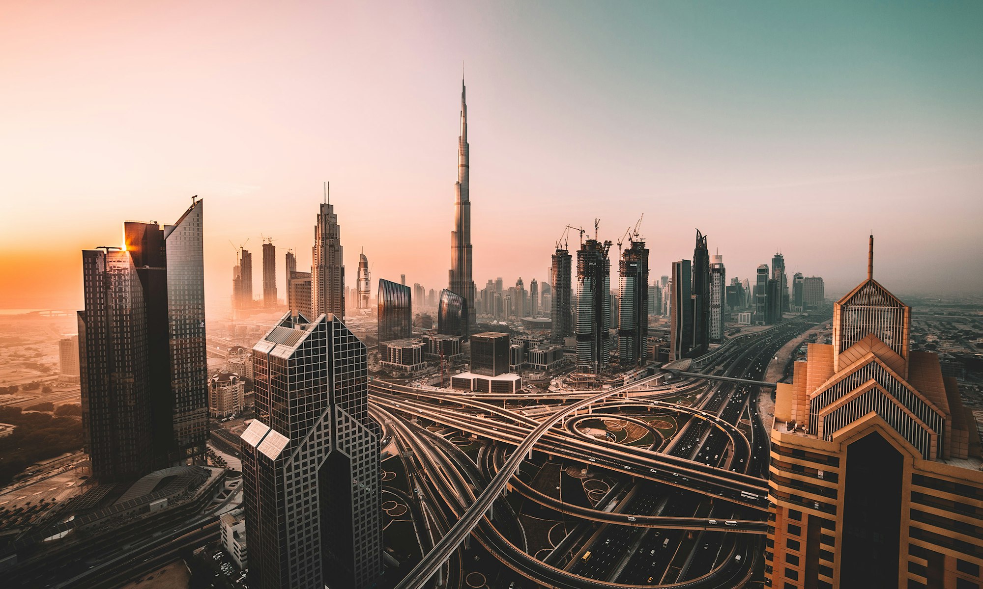 The Dubai skyline, seen across the water.